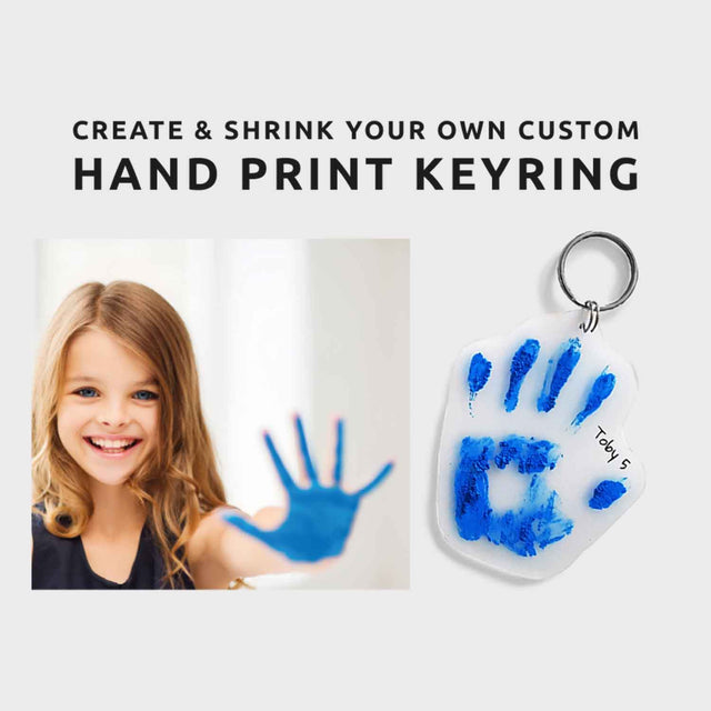 Hand Print Shrink Keyring Example with Girl with Blue Paint on Hand