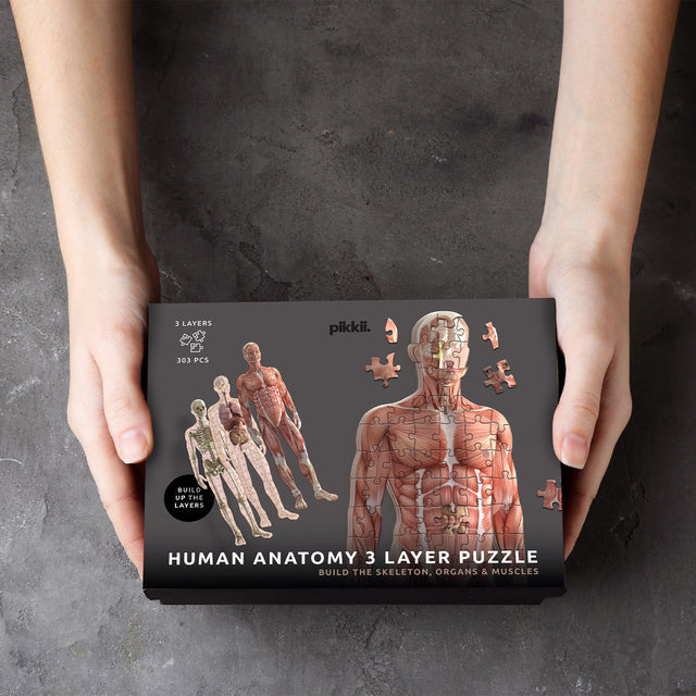 Human Anatomy Layer Jigsaw Puzzle by Pikkii - Packaging in Hands on Black Background