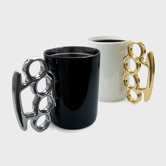 Knuckle Duster Coffee Mugs in Black and Silver and White with Gold Handle