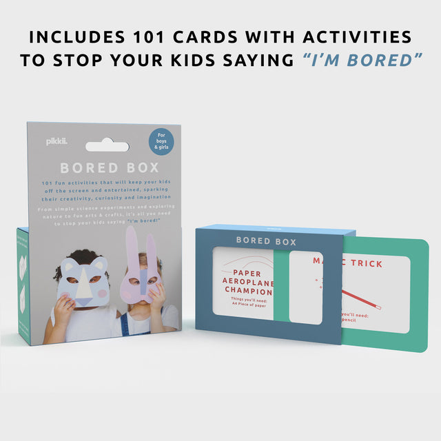 Bored box by Pikkii with back of packaging - includes 101 cards with activities to stop your kids saying 'I'm bored'