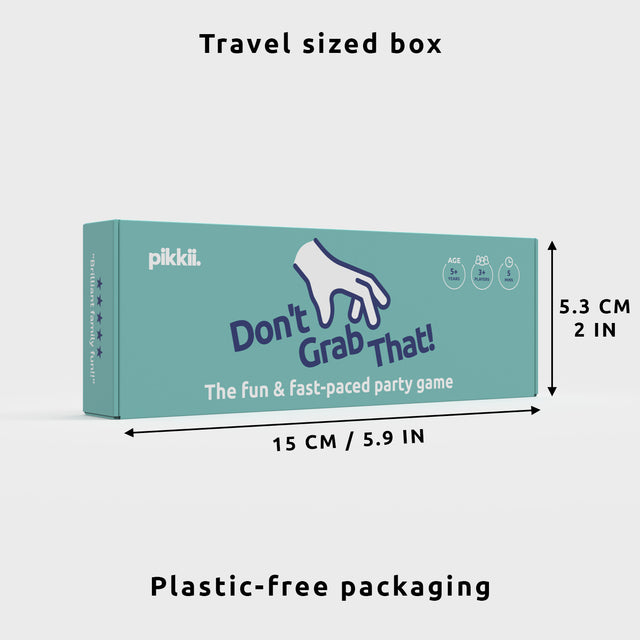 Don't Grab That Game by Pikkii Packaging DImensions - Travel Sized Box 15cm x 5.3 cm and Plastic Free Packaging