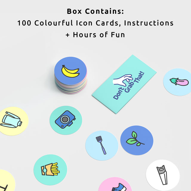 Don't Grab That Game by Pikkii Box Contents - 100 Colourful Icon Cards, Instructions and Hours of Fun