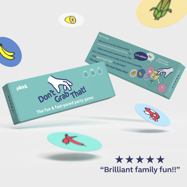 Don't Grab That Game by Pikkii packaging front and back with 5 star review - brilliant family fun