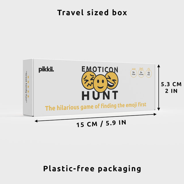 Emoticon Hunt by Pikkii Plastic-free Packaging Front Dimensions - Travel Sized Box 15cm x 5.3cm