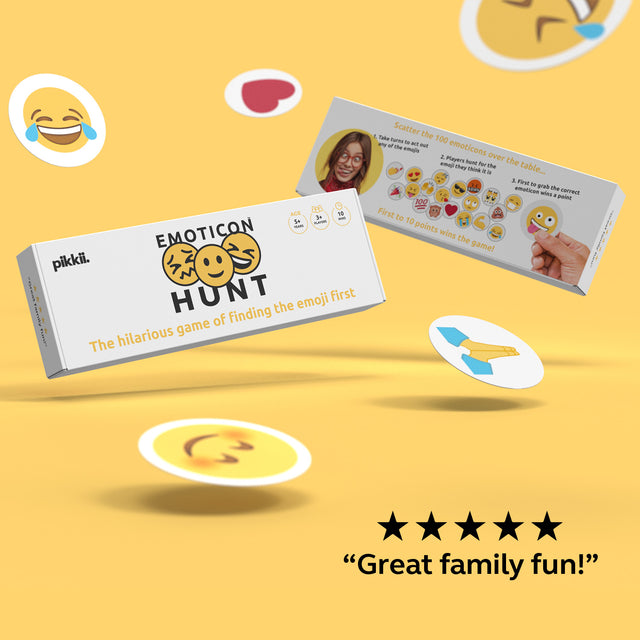 Emoticon Hunt by Pikkii Packaging Front and Back with Emoji Cards and 5 Star Review - "Great Family Fun!"
