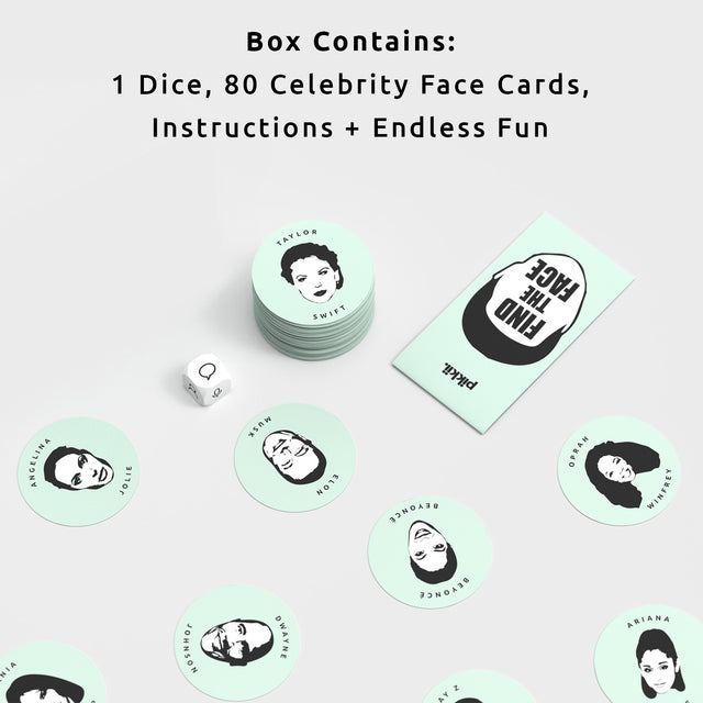 Find The Face Game by Pikkii Box Contents - 1 Dice, 80 Celebrity Face Cards, Instructions and Endless Fun