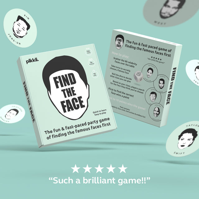 Find The Face Game by Pikkii - Packaging Front and Back - 5 Star Review " Such a brilliant game! "