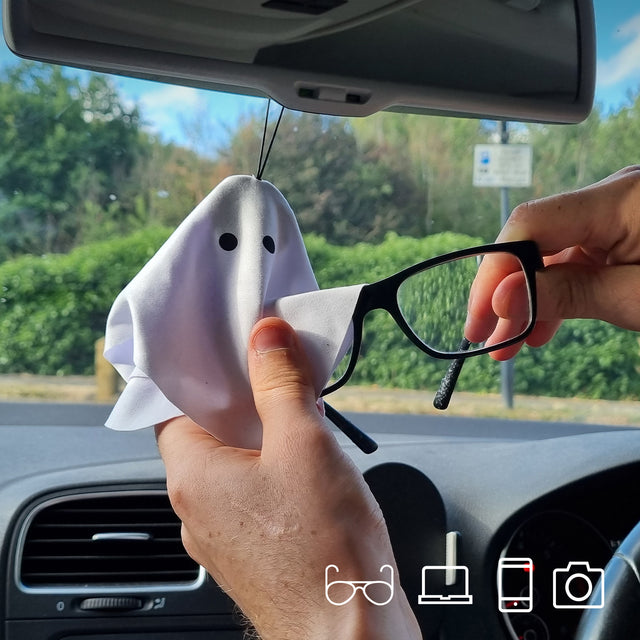 Pikkii Ghost Glasses Cloth Hanging From Car Rearview Mirror Cleaning Glasses - Cleans Phone Screens, Computers, Camera Lenses, Sunglasses and Glasses