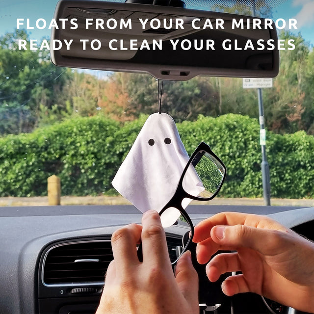 Pikkii Ghost Glasses Cloth Hanging From Car Rearview Mirror - Floats From Your Car Mirror Ready to Clean Your Glasses
