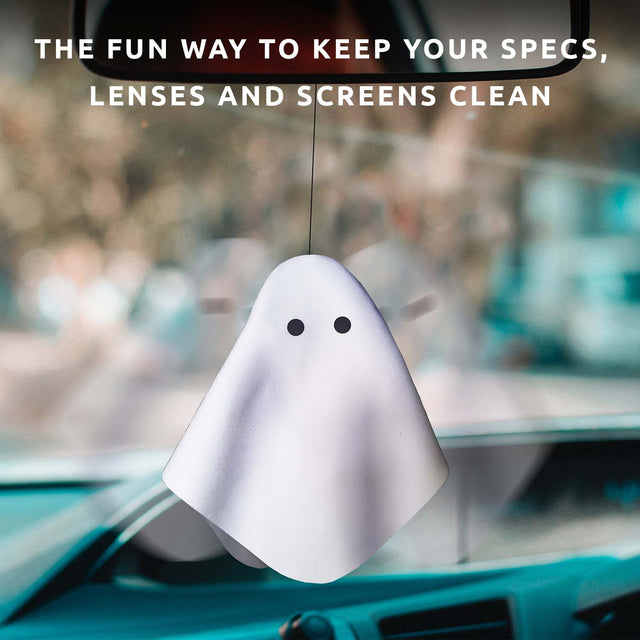 Ghost Glasses Cloth by Pikkii Hanging From Car Mirror with Text Overlay