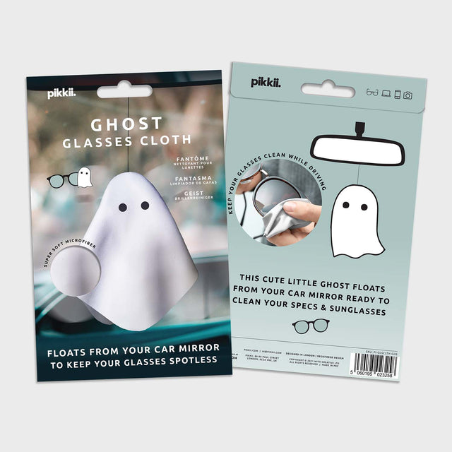 Ghost Glasses Cloth by Pikkii Packaging Front and Back on Grey Background