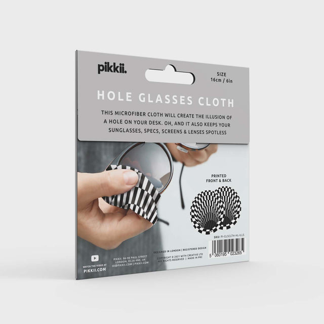 Optical Illusion Hole Glasses Cloth by Pikkii Packaging Back on Grey Background
