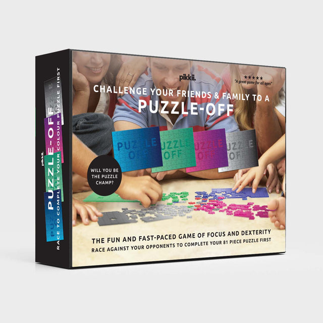Puzzle-Off Game by Pikkii Back of Packaging on Grey Background