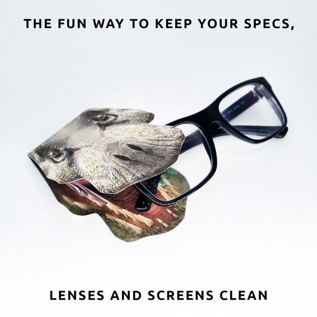 T-Rex Bite Glasses Cloth by Pikkii Over Glasses with Text Overlay
