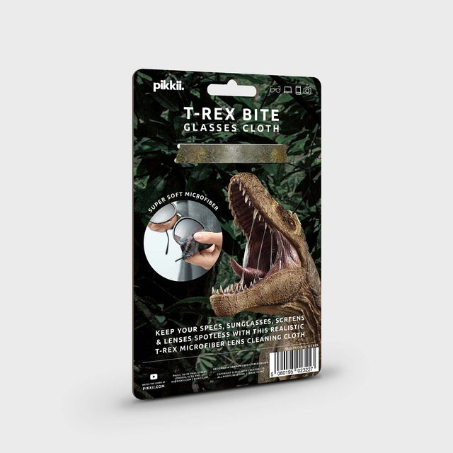 T-Rex Bite Glasses Cloth by Pikkii Packaging Back on Grey Background