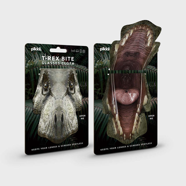 T-Rex Bite Glasses Cloth by Pikkii Packaging Front and Back on Grey Background