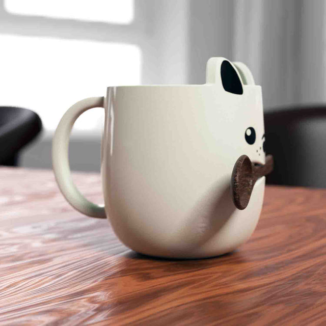 Pikkii - Dog Mug + Stick Spoon - Side View On Table