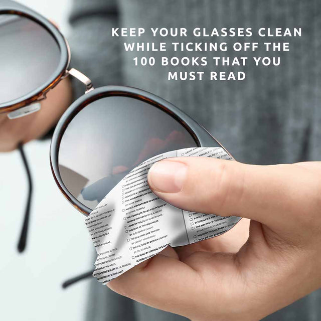 Pikkii - Book Bucket List Microfiber Cloth - Demonstrate Being Used On Sunglasses