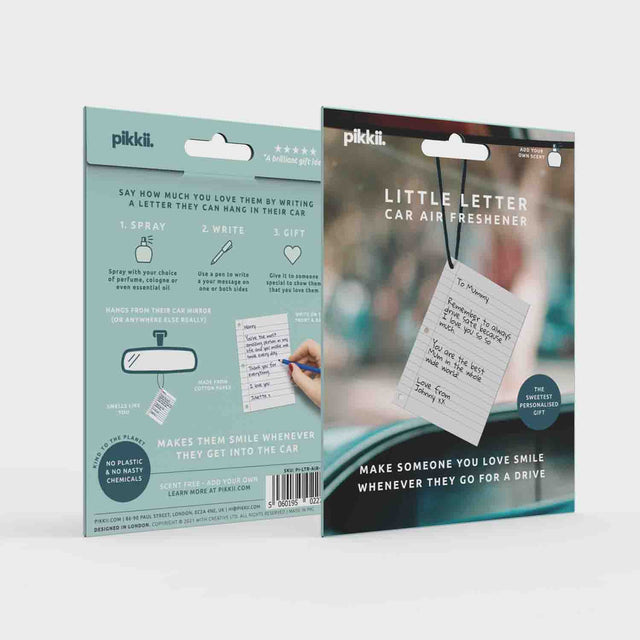 LITTLE LETTER CAR AIR FRESHENER BY PIKKII FRONT AND BACK OF PACKAGING