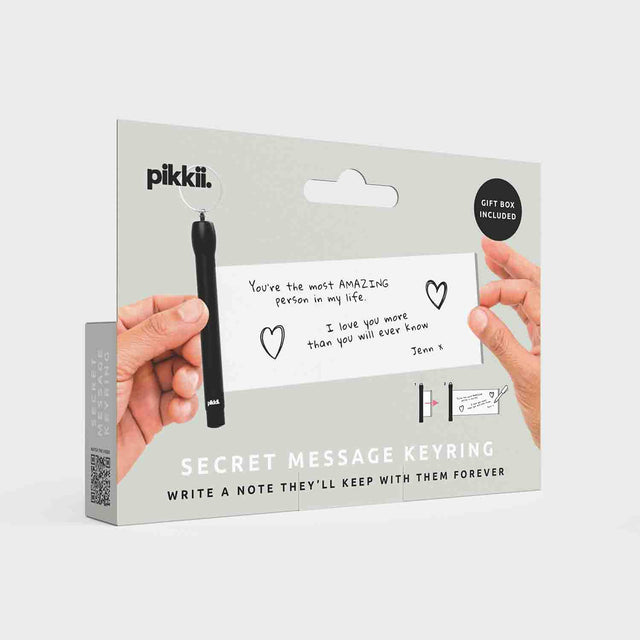 Pikkii Secret Message Keyring Front of Packaging on Grey Background