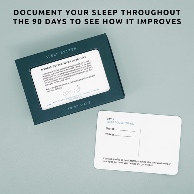 Sleep better in 90 days slide box by Pikkii showing the front and reverse of the card - document your sleep throughout the 90 days