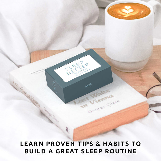 Sleep better in 90 days slide box by Pikkii lifestyle image with text overlay - learn proven tips and habits to build a great sleep routine