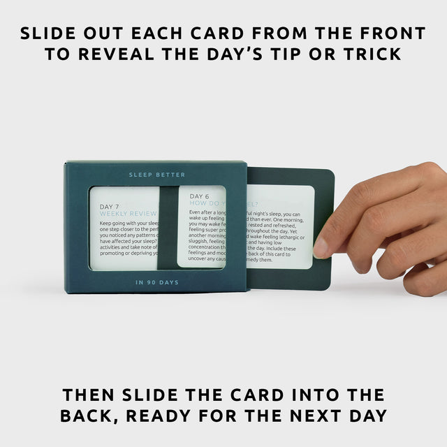 Sleep better in 90 days slide box by Pikkii with hand sliding out card and text overlay - slide out each card from the front to reveal the day's tip or trick then slide the card into the back ready for the next day