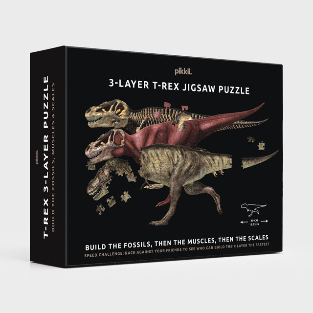 T-Rex Layer Jigsaw Puzzle by Pikkii - Back of Packaging on Grey Background