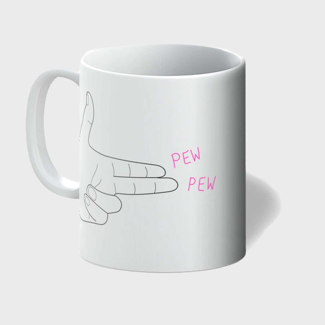 White coffee mug with Pew Pew Gun Fingers illustration