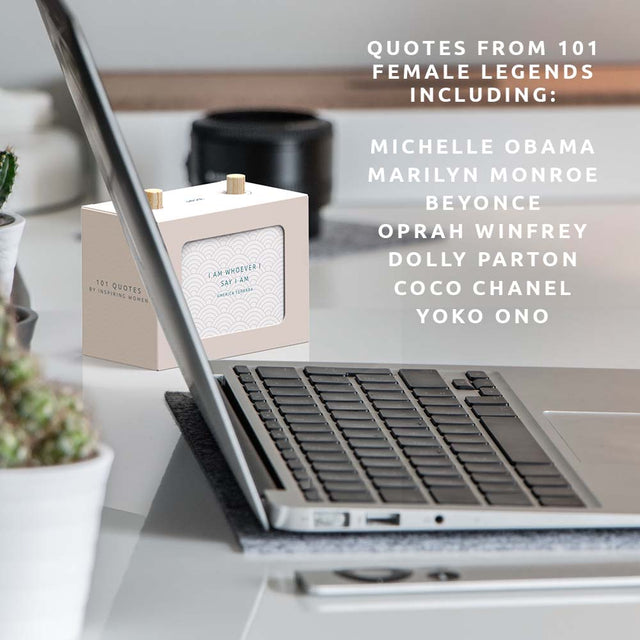 Pikkii 101 Quotes by inspiring women scroll box names on desk next to laptop