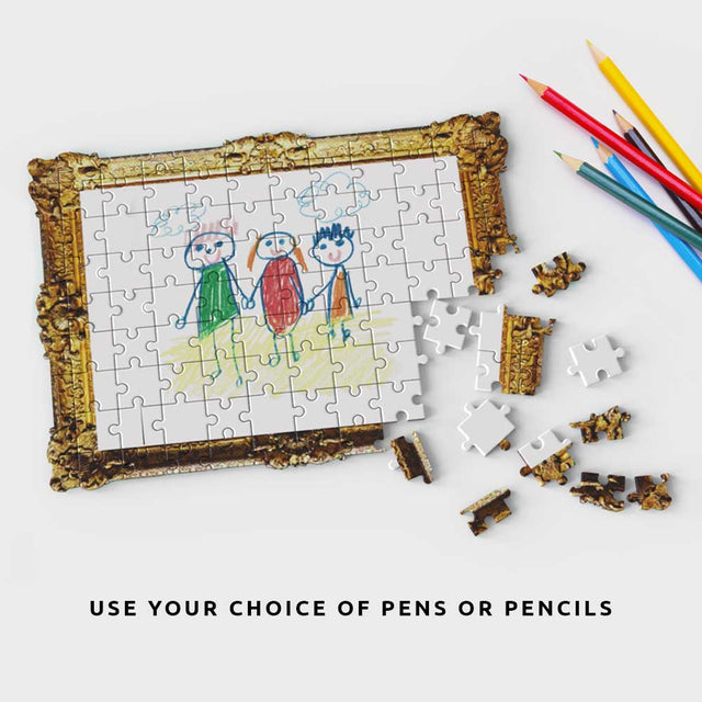 Pikkii framed drawing blank jigsaw puzzle with a kids drawing next to colouring pencils