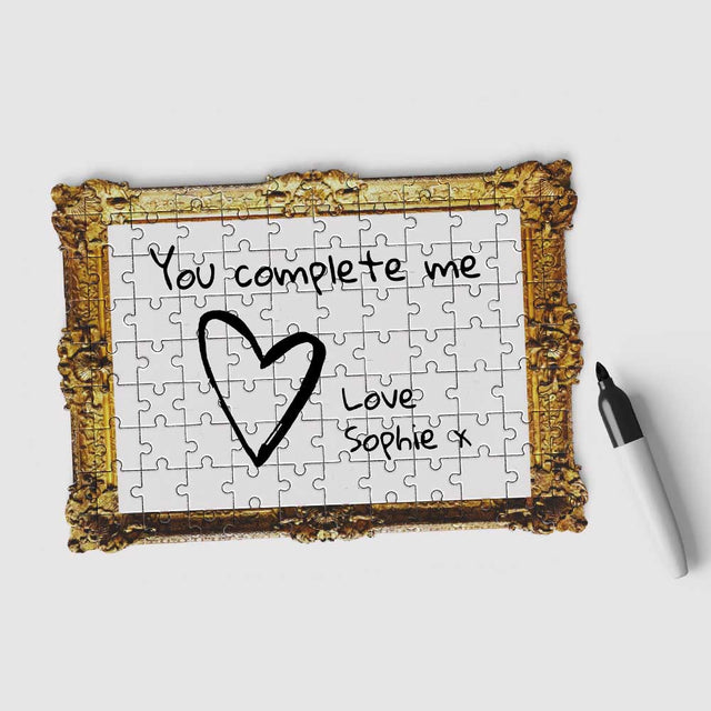 Pikkii framed drawing blank jigsaw puzzle with a message saying You Complete Me