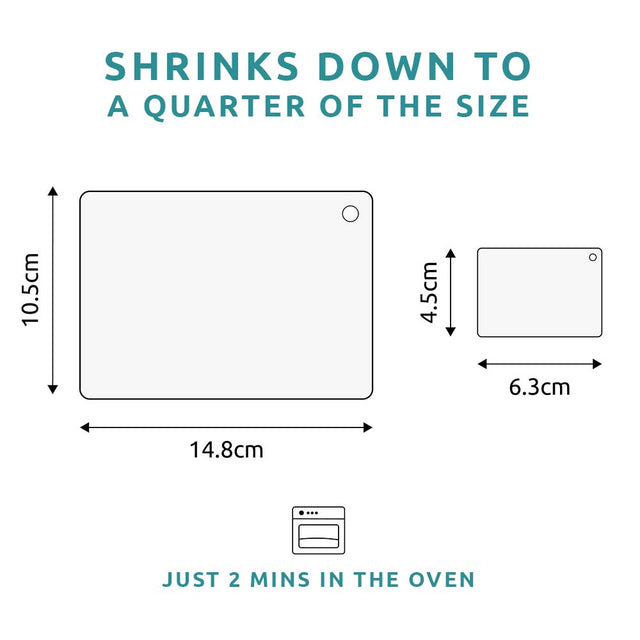 Piikkii Kids Drawing Shrink keyring Kit Measurements pre-bake and once baked with message shrinks down to a quarter of the size just 2 mins in the oven over white background 