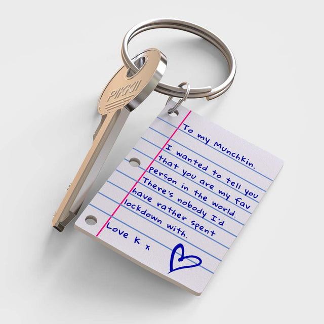 3D render of Pikkii Diy Shrink Little Lined Letter Keychain with personalised message over white background 
