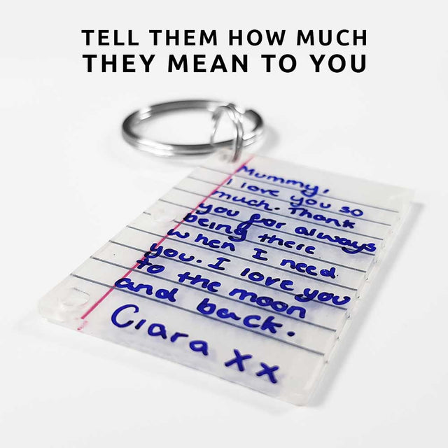 Pikkii Diy Shrink Little Lined Letter Keychain Close up  over white background with message tell them how much they mean to you
