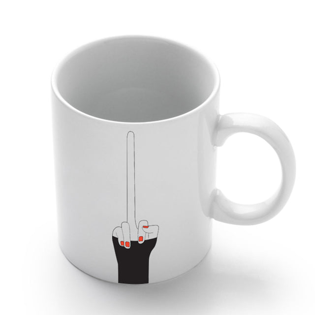 Fun white ceramic mug with a hand swearing with a very long middle finger 