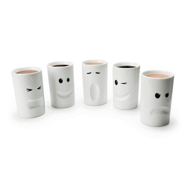 Complete set of Pikkii Mood Mugs on white background