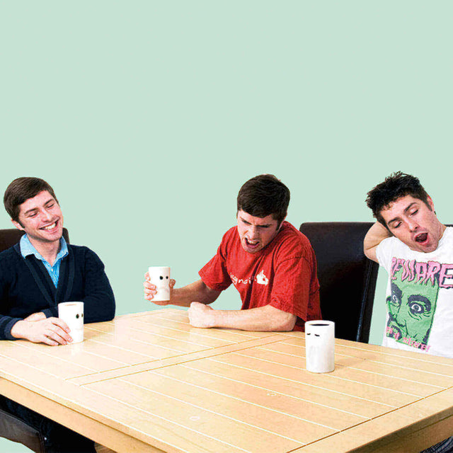 3 Guys displaying different moods matching their Pikkii Mood Mugs in dining room