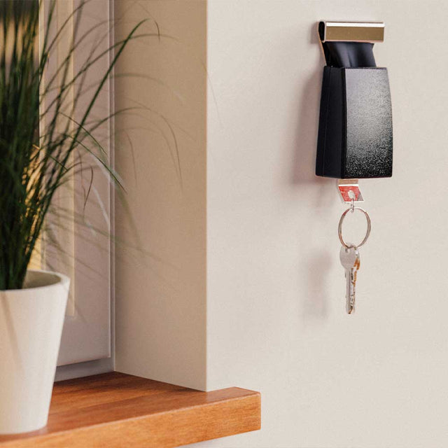 Pikki Seatbelt Buckle Key Holder with keys and keyring plugged in on wall near plant