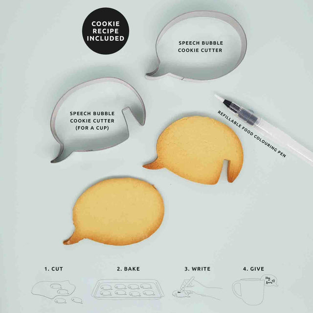 Speech Bubble instructions and Package contents Cookie Cutters Pen cookie recipe for cookie dough included 
