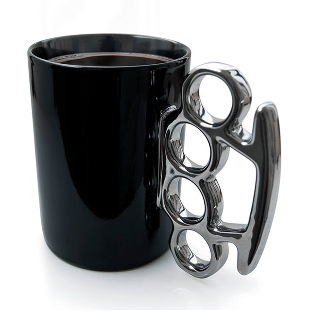 Kuckle Duster Mug Black mug with silver handle on white background