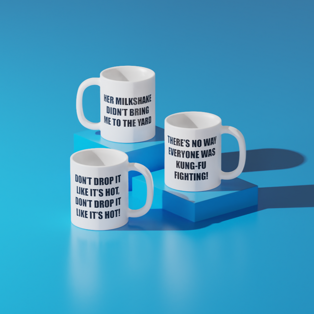 A collection of 3 different lyric mugs including the Don't Drop It Like It's Hot Mug